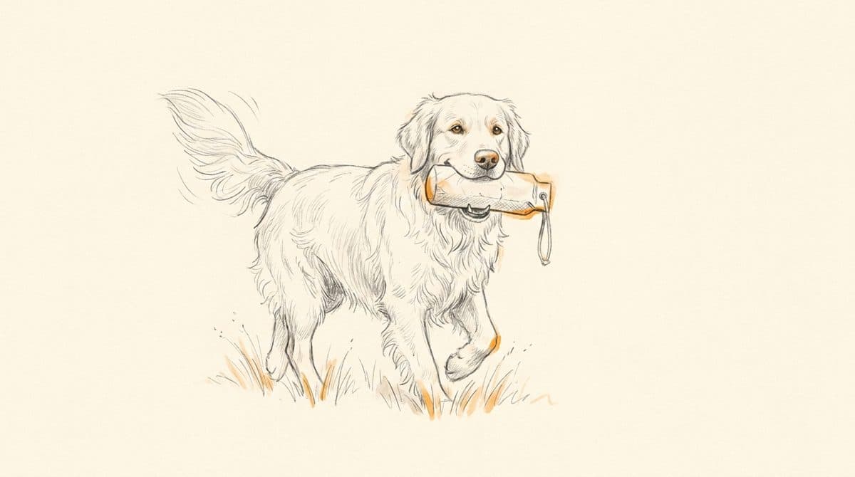 Hund apportiert freudig einen Trainingsdummy über die Wiese — Dummytraining der Hundeschule Willenskraft im Weinviertel & in Wien