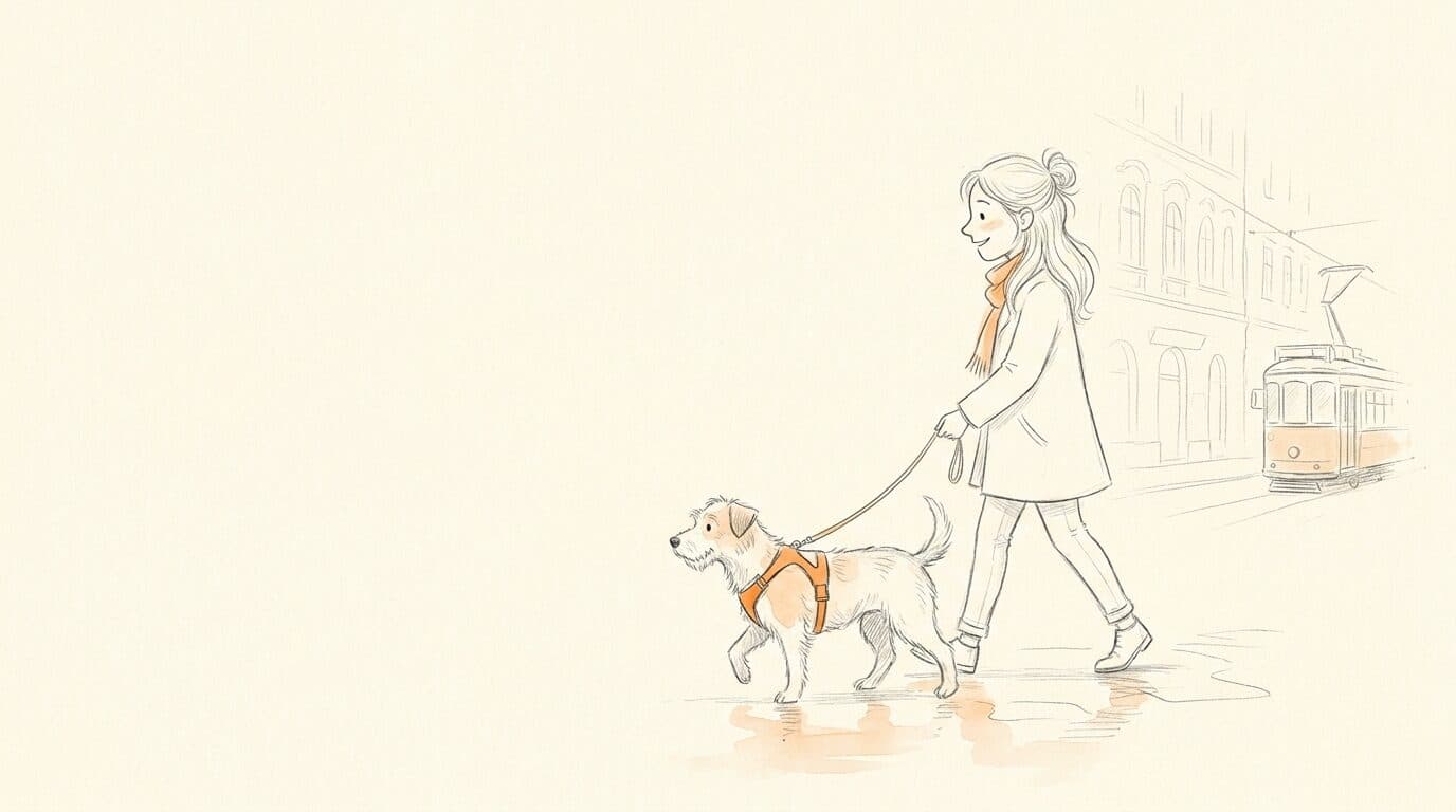 Illustration: Hundetraining in Wien-Landstraße — Trainerin mit Hund im Y-Geschirr an lockerer Leine, Altbau und Bim im Hintergrund